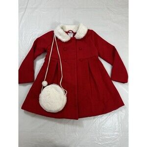 Max Studio Girls  Size 6 Red Swing Pea Coat With Faux Fur Purse.